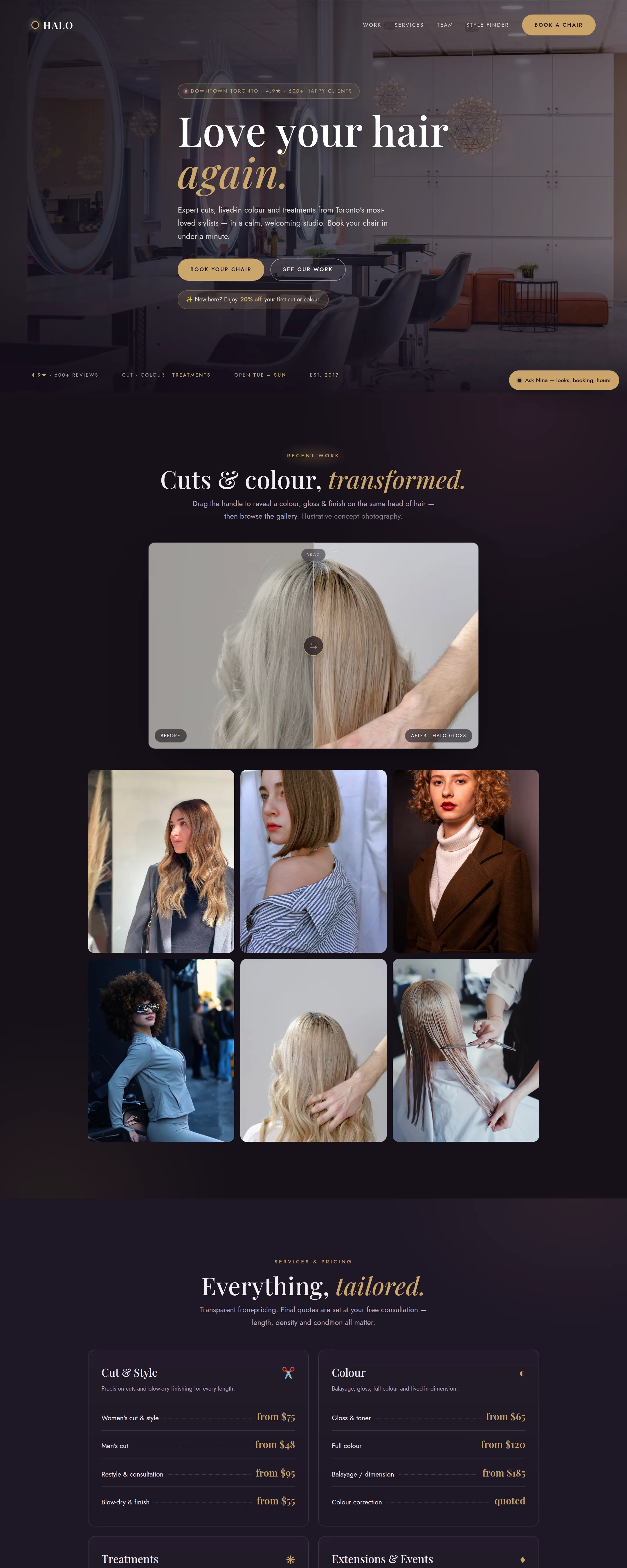 Halo Hair Studio — Salon, sales-first + AI concept demo